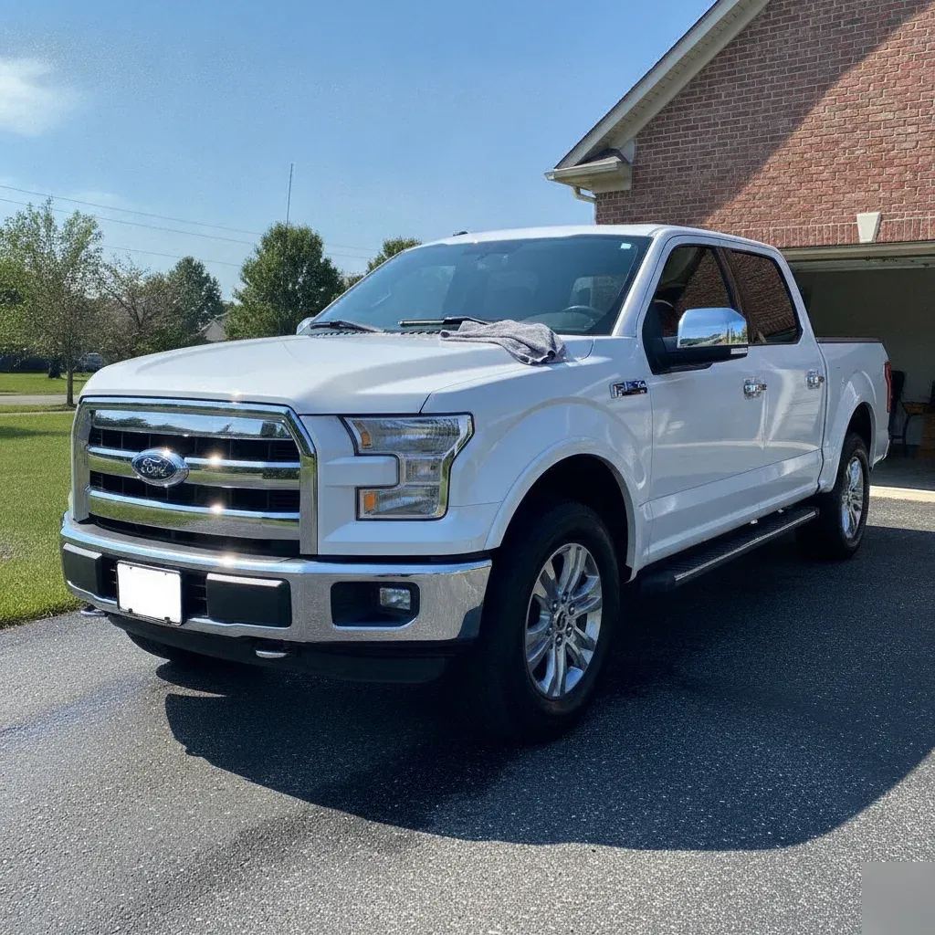 Clean white pickup truck after full body wash service in Fort Worth driveway