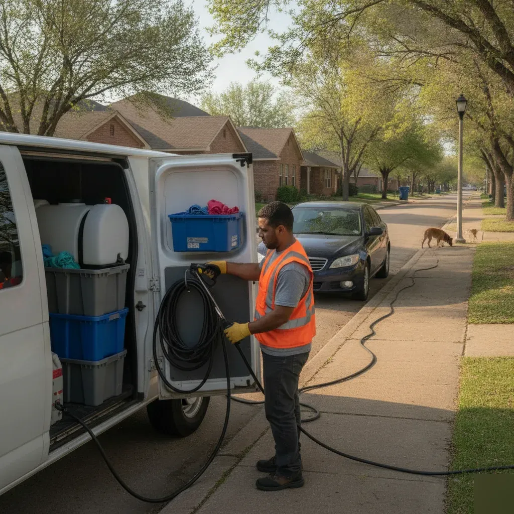 Mobile detailing van with equipment parked on Fort Worth street for full body wash