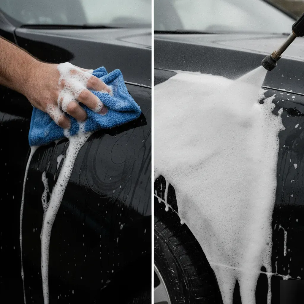 Hand washing versus touchless spray method compared on black car in Fort Worth wash