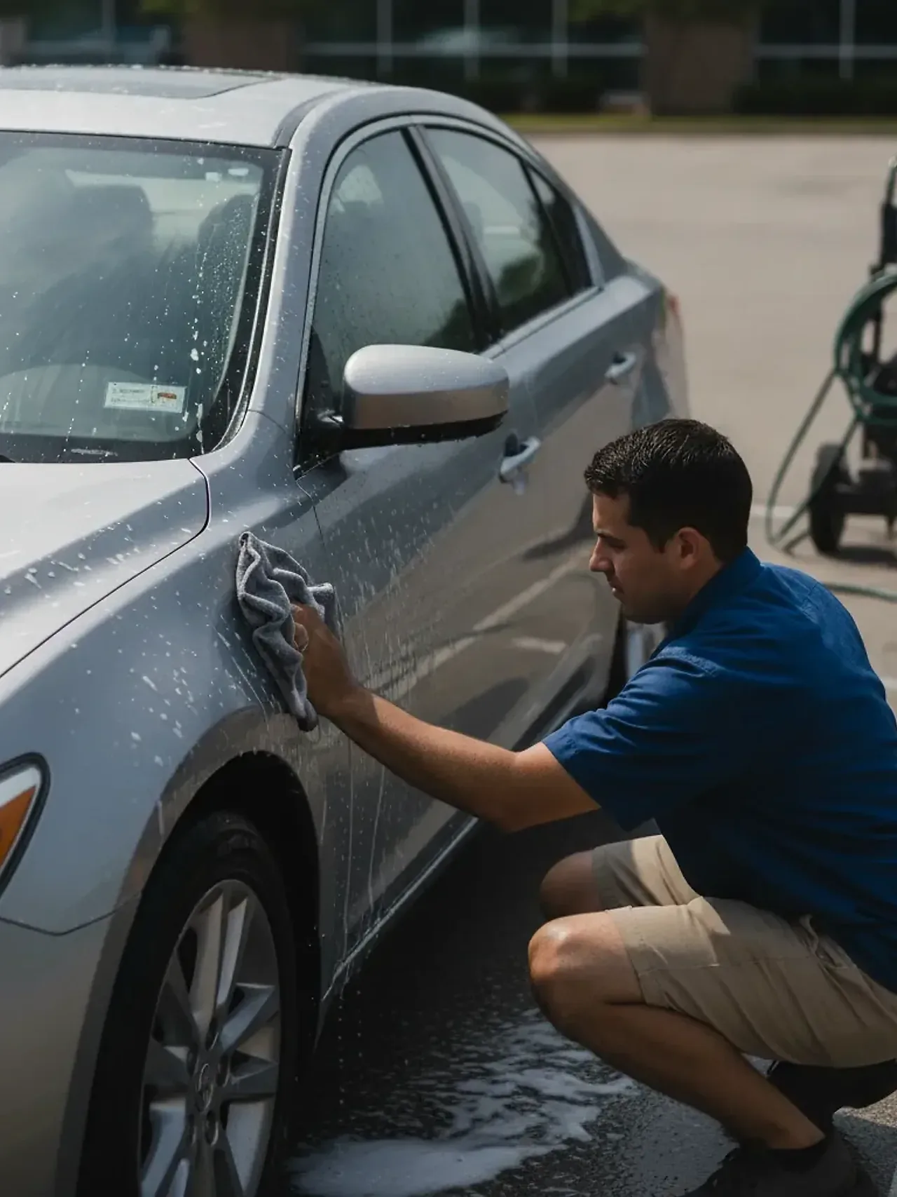 Detailer hand washing sedan exterior during full body wash in Irving office lot