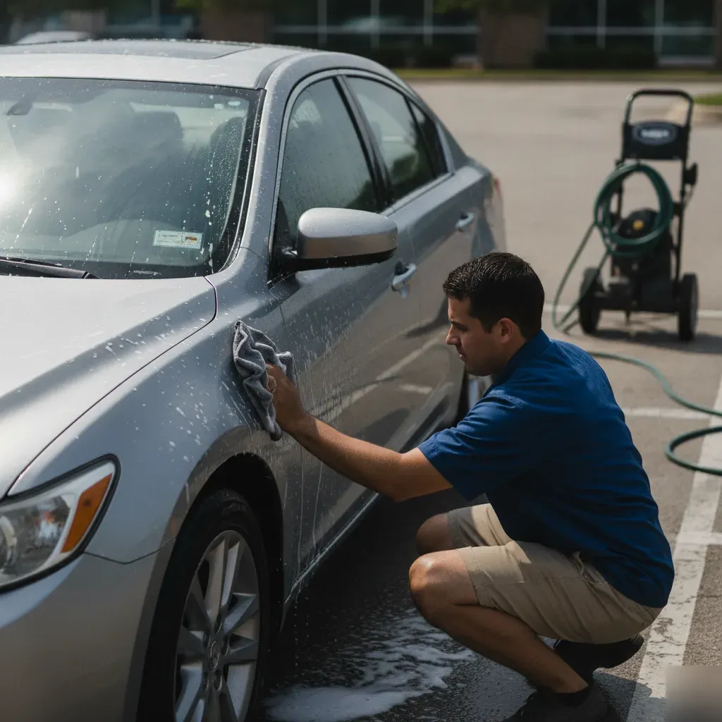 Detailer hand washing sedan exterior during full body wash in Irving office lot