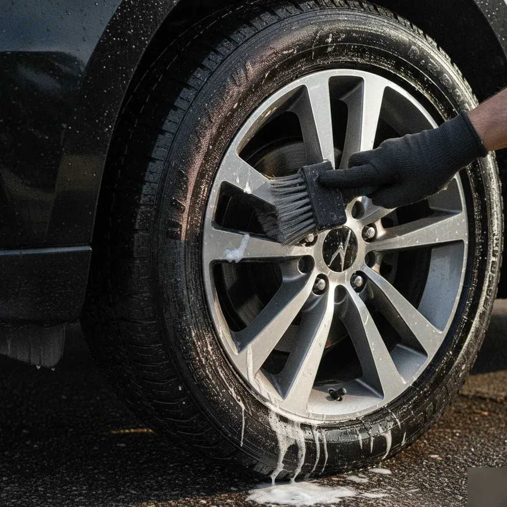 Gloved hand scrubbing SUV wheel and tire during full body wash in Irving