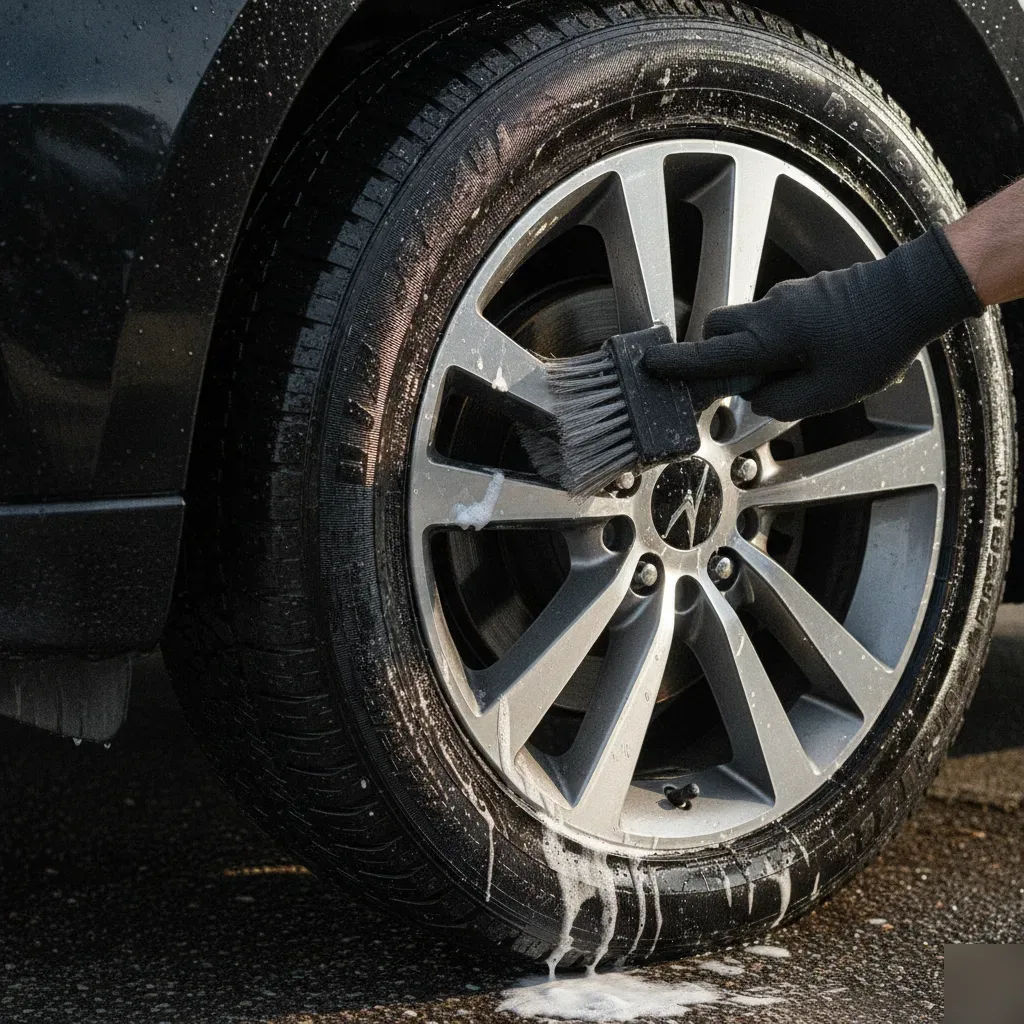 Gloved hand scrubbing SUV wheel and tire during full body wash in Irving