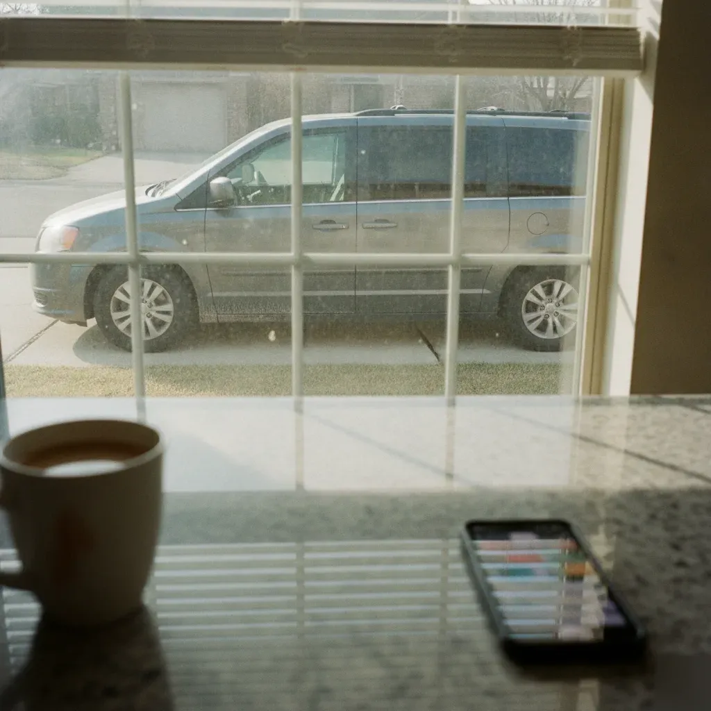 Dusty minivan seen through kitchen window before scheduling full body wash in Irving