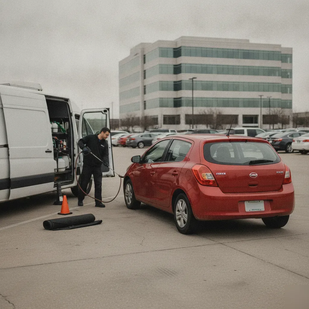 Mobile detailer unreeling hose beside red hatchback in Irving corporate parking lot