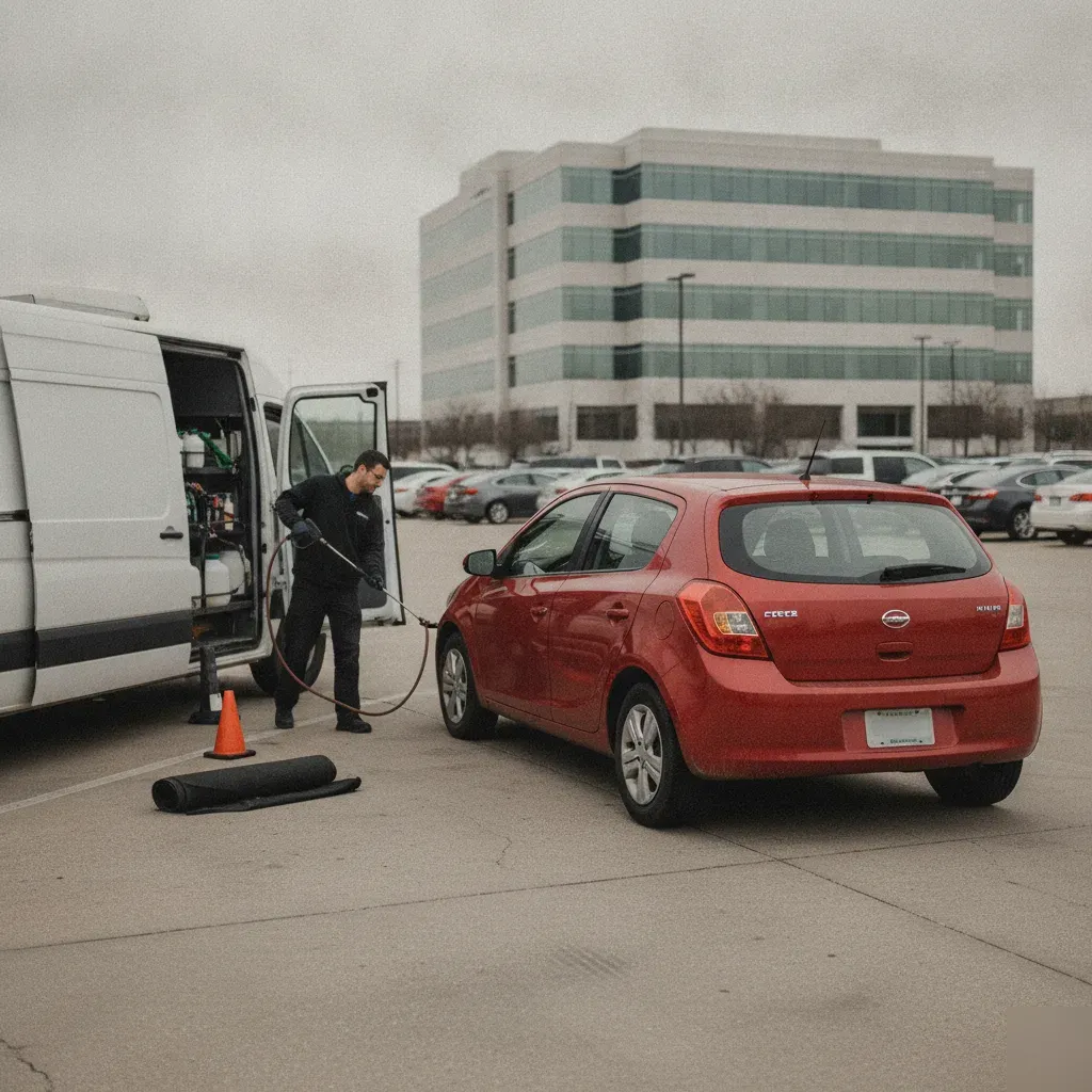 Mobile detailer unreeling hose beside red hatchback in Irving corporate parking lot