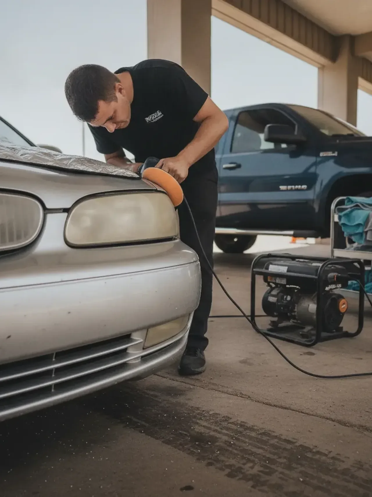 Detailer polishing cloudy yellowed headlight on a car in Fort Worth