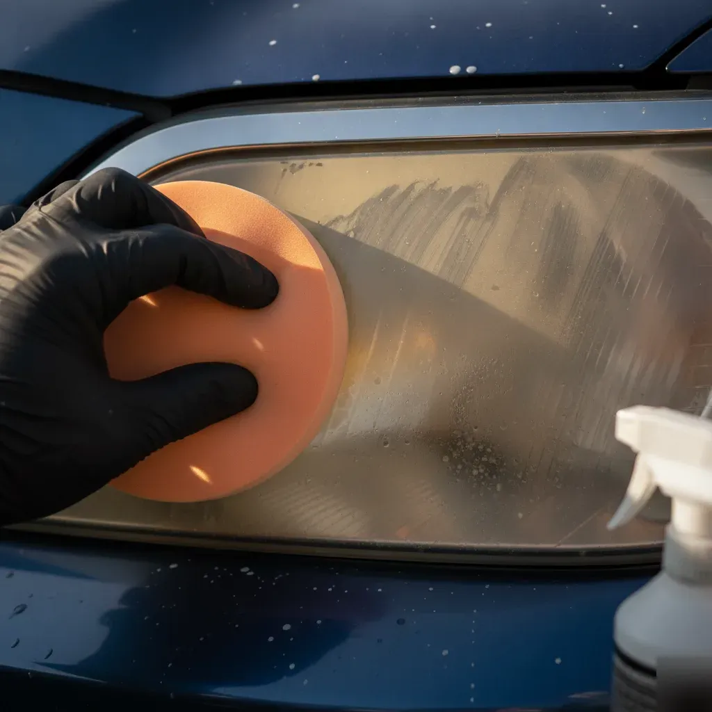 Close-up of gloved hand polishing yellowed oxidized headlight lens texture