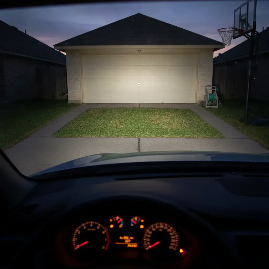 Driver's view of clear bright headlights lighting a Fort Worth driveway