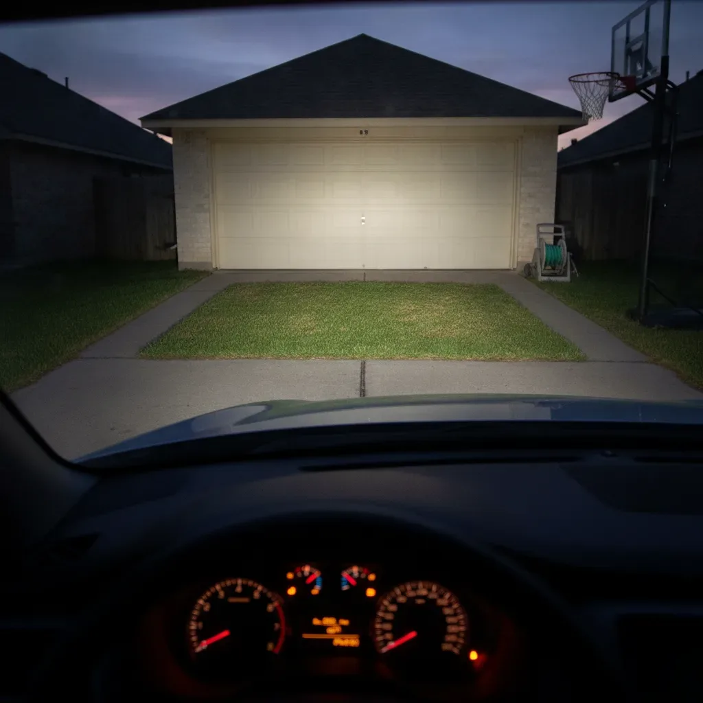 Driver's view of clear bright headlights lighting a Fort Worth driveway