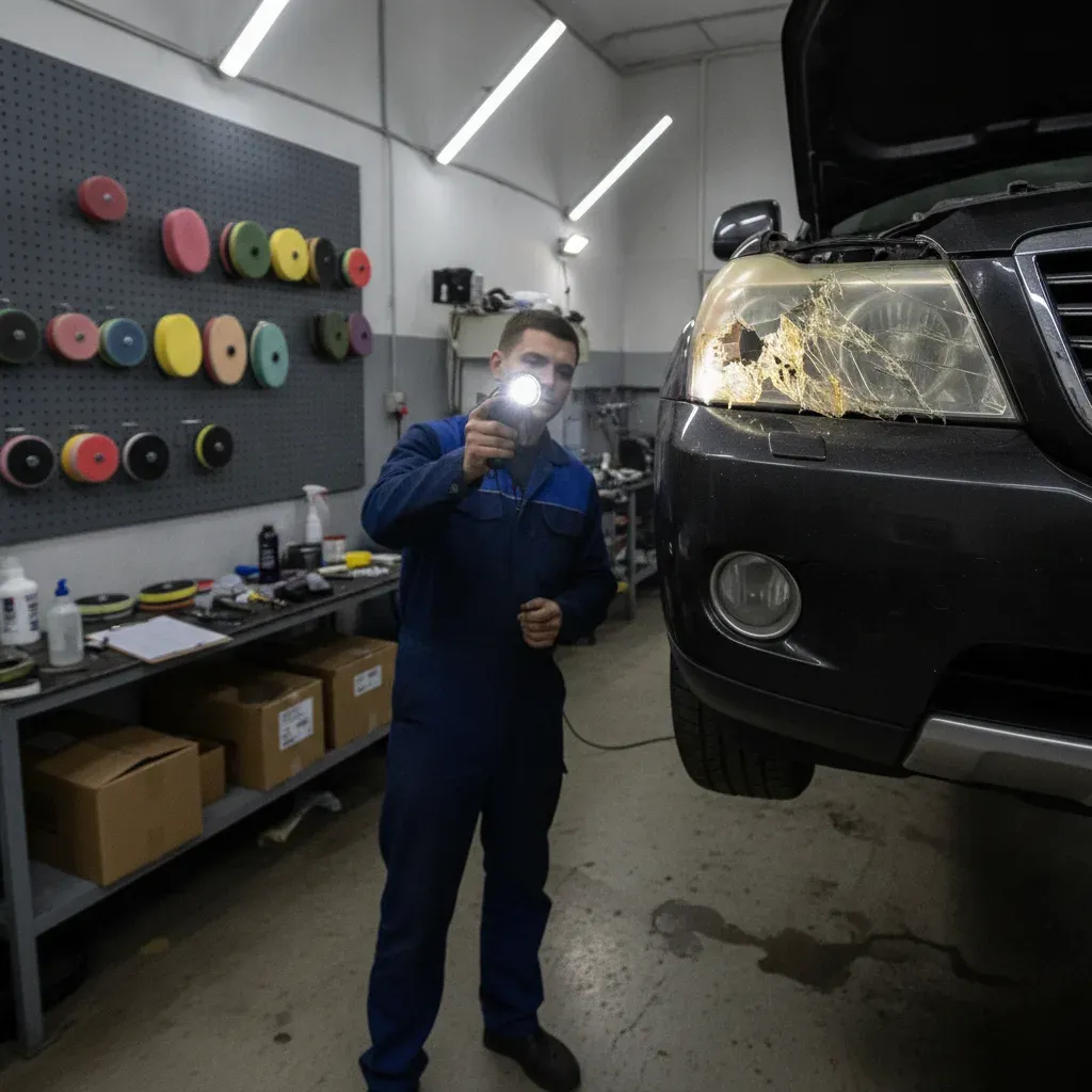 Technician inspecting cracked headlight lens beyond polishing repair