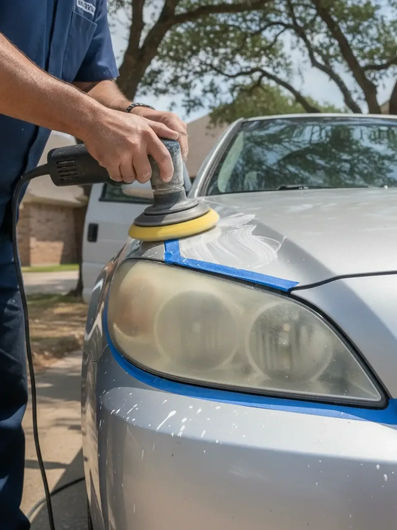 Detailer buffing cloudy car headlight during mobile polishing service in Irving driveway