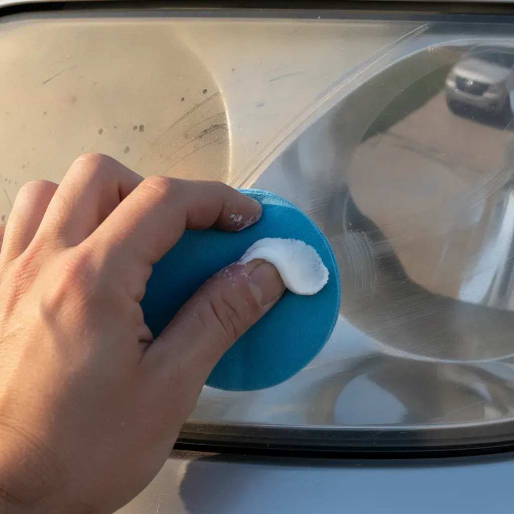 Close-up hand polishing yellowed headlight lens showing half-restored clarity