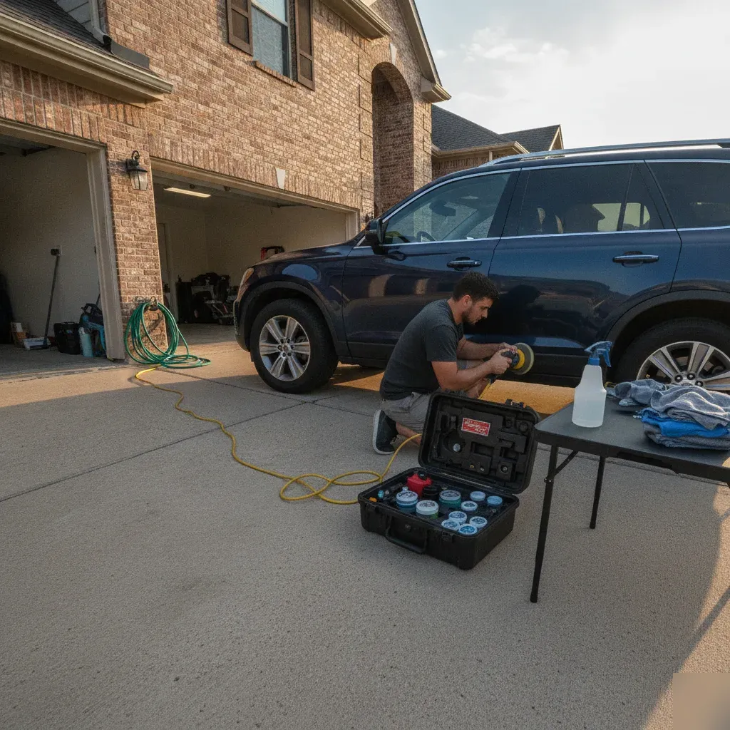Mobile detailing technician polishing SUV headlights in Irving home driveway