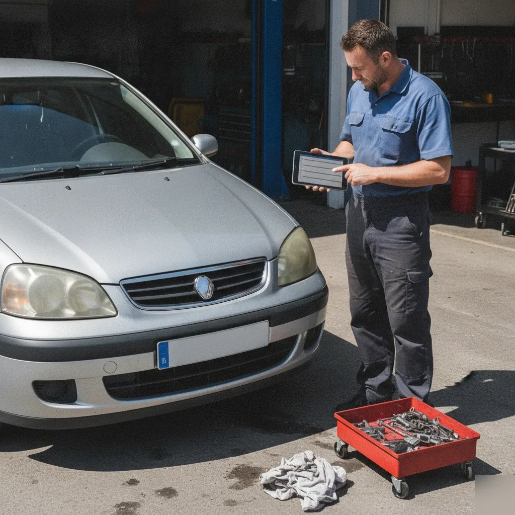 Technician reviewing headlight polishing price estimate on tablet beside vehicle