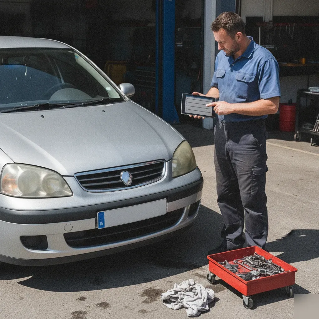 Technician reviewing headlight polishing price estimate on tablet beside vehicle