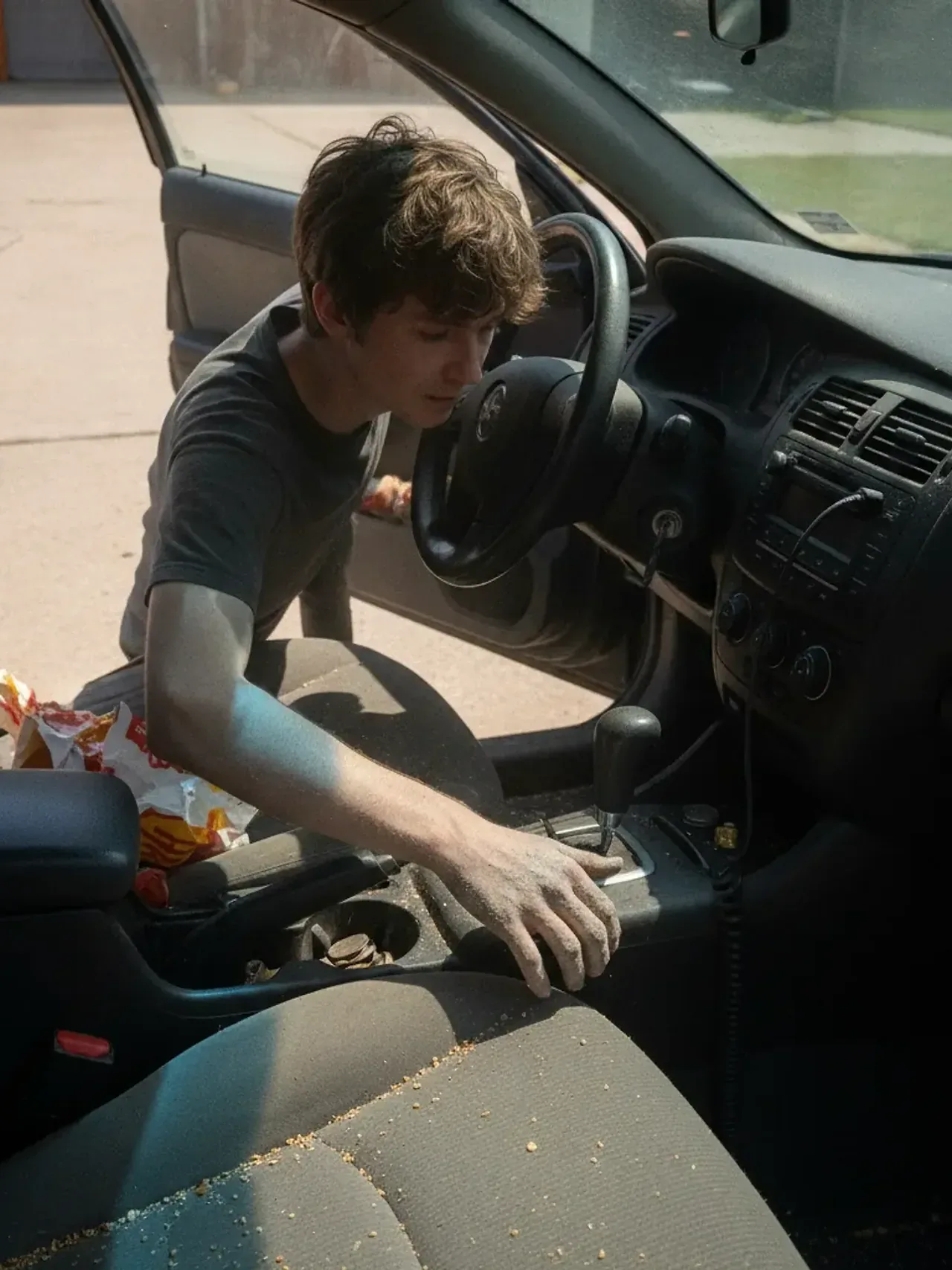 Driver noticing dust and crumbs inside car interior needing vacuuming in Irving