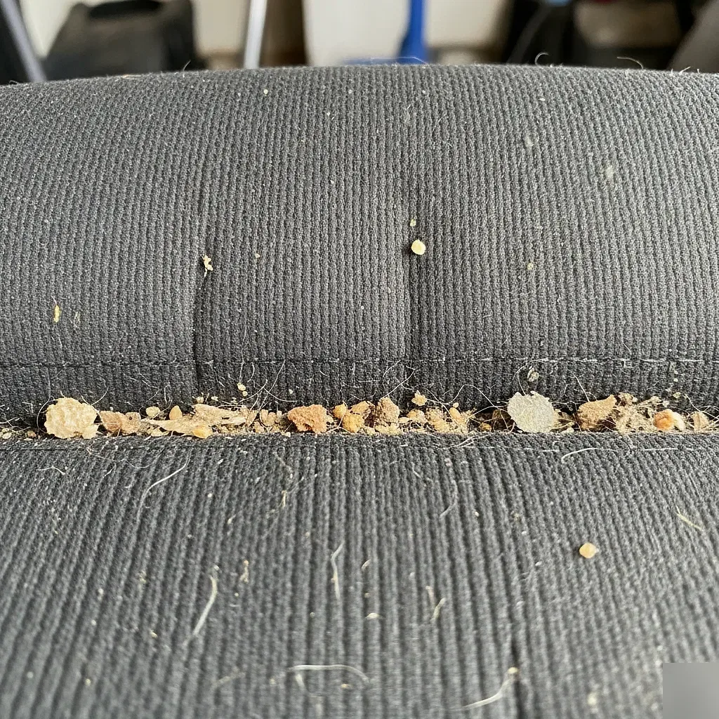 Close-up of crumbs and debris embedded in car seat fabric seams in Irving