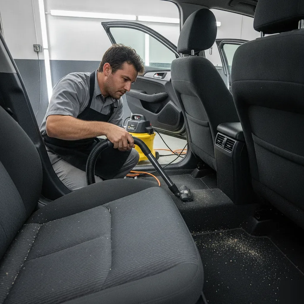 Technician vacuuming car seat crevice at Irving auto detailing shop