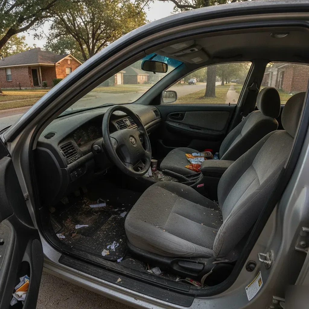 Neglected dusty car interior parked on Irving residential street in heat