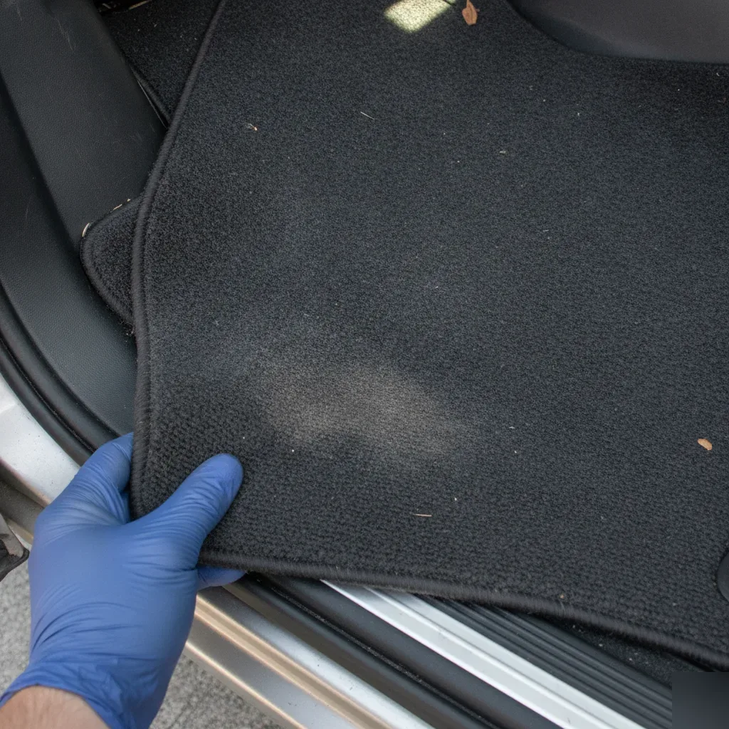 Close-up of stained car floor mat showing moisture damage before odor treatment