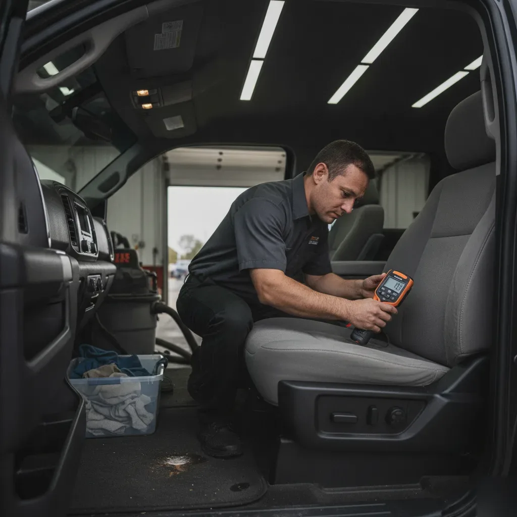 Detailer testing truck seat moisture level to decide odor treatment approach