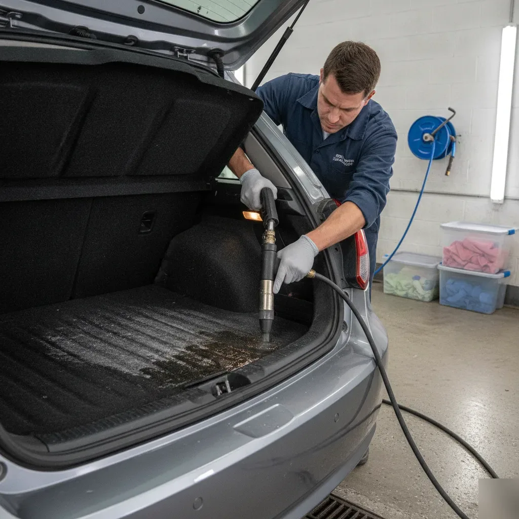 Steam extraction machine cleaning car cargo carpet for deep odor removal in Irving