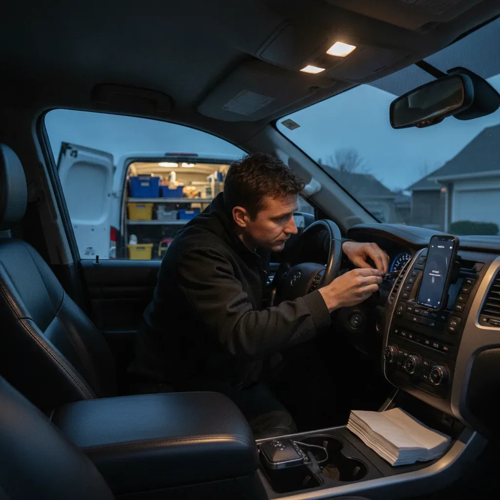 Detailer installing vent diffuser during evening mobile scenting visit in Irving