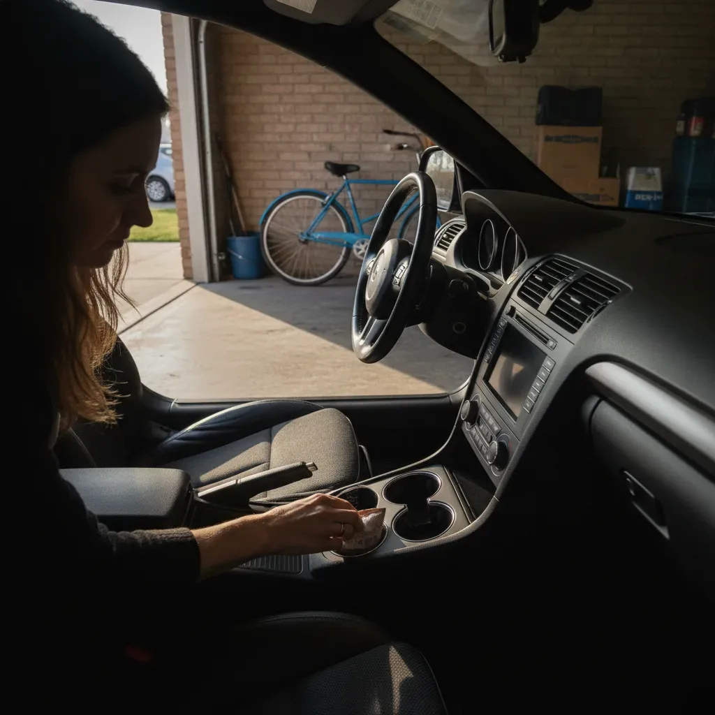 Car owner placing odor sachet in console to maintain freshness between scenting visits
