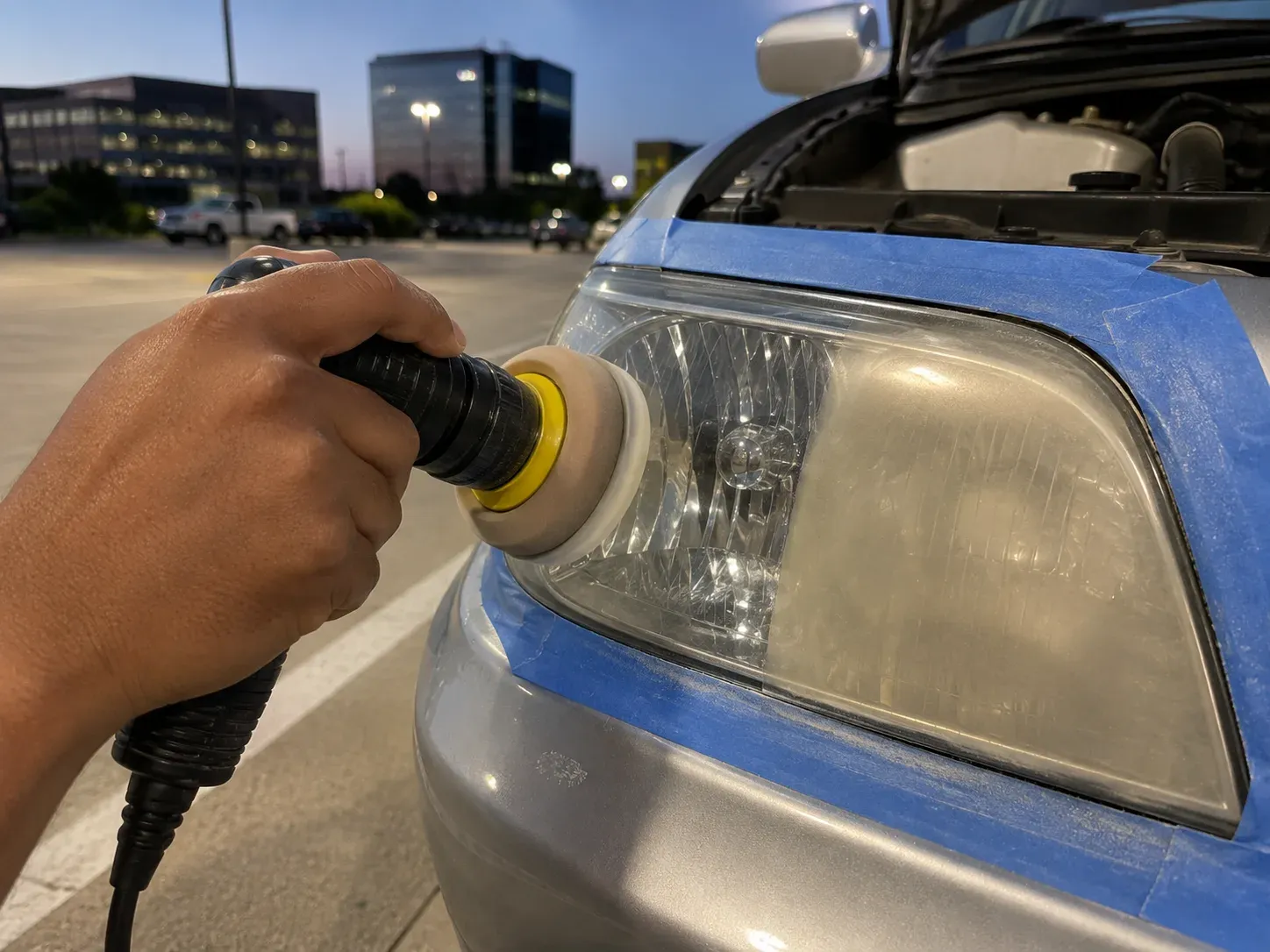 Polishing a cloudy headlight lens on a car in Irving