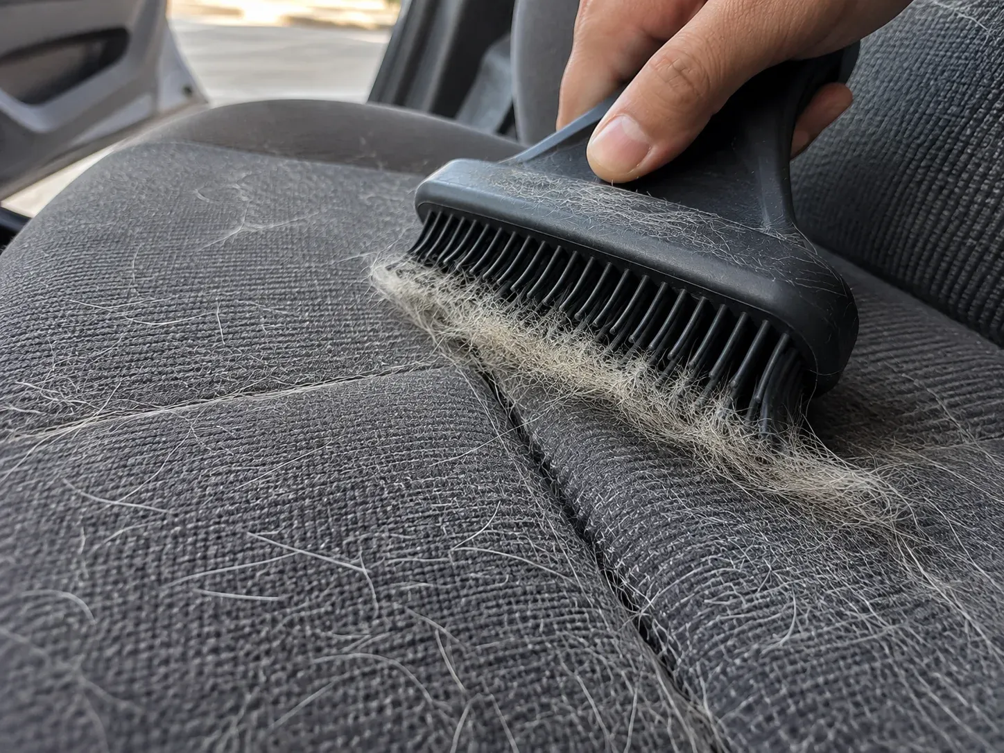 Removing embedded pet hair from a car seat in Irving