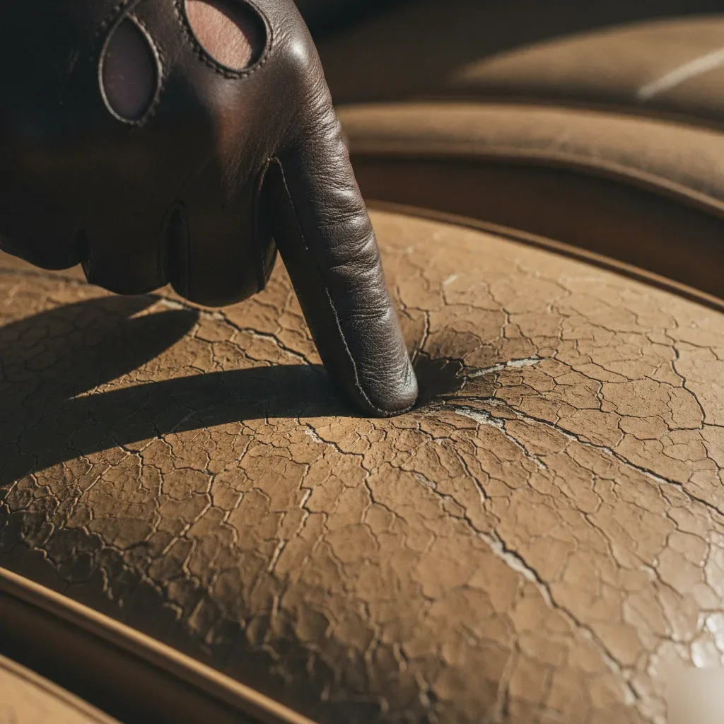 Close-up of cracked dry leather car seat needing conditioning in Irving