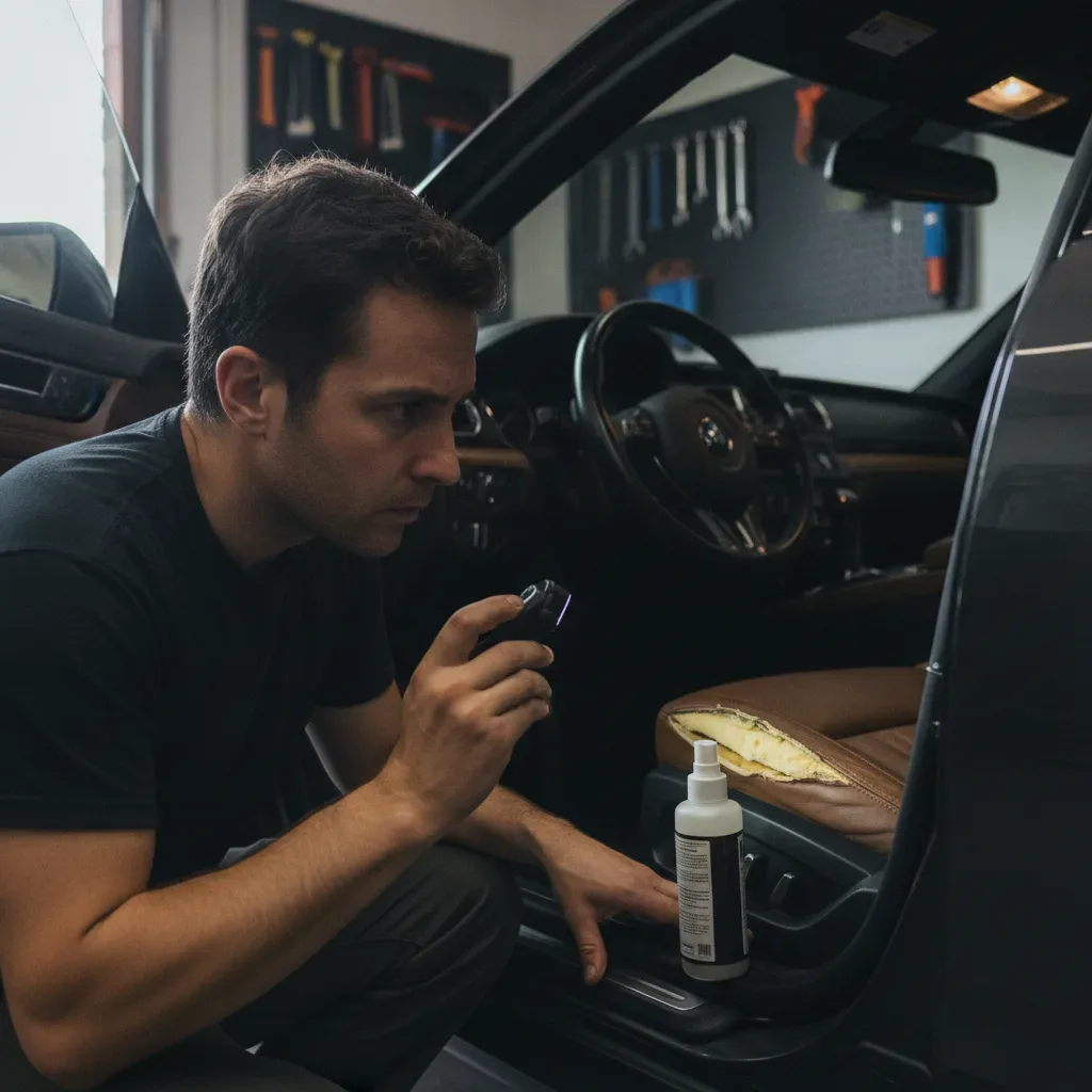 Detailer inspecting torn leather seam beyond conditioning repair in Irving