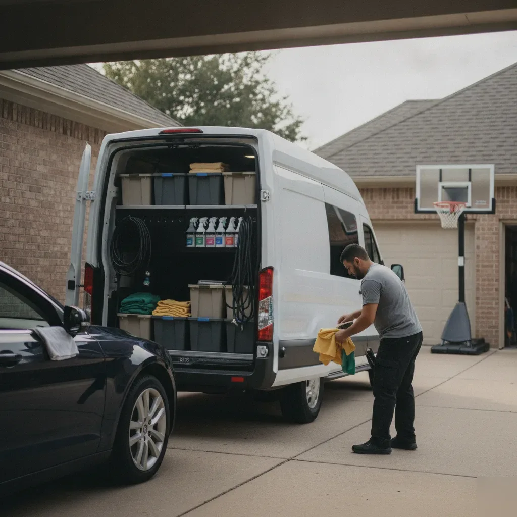 Mobile detailing van setup for leather conditioning visit in Irving driveway