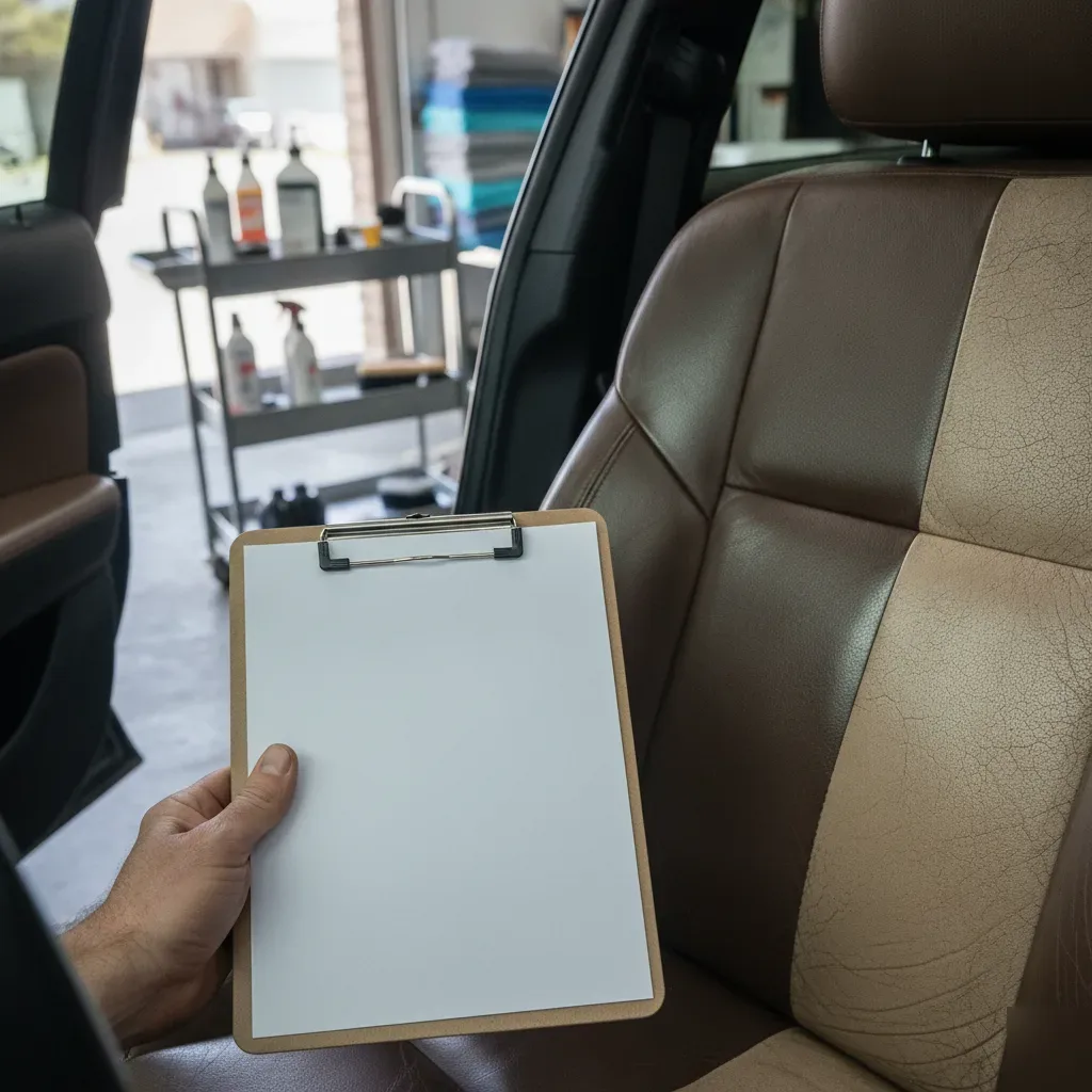Detailer reviewing pricing sheet beside half-conditioned leather seat in Irving