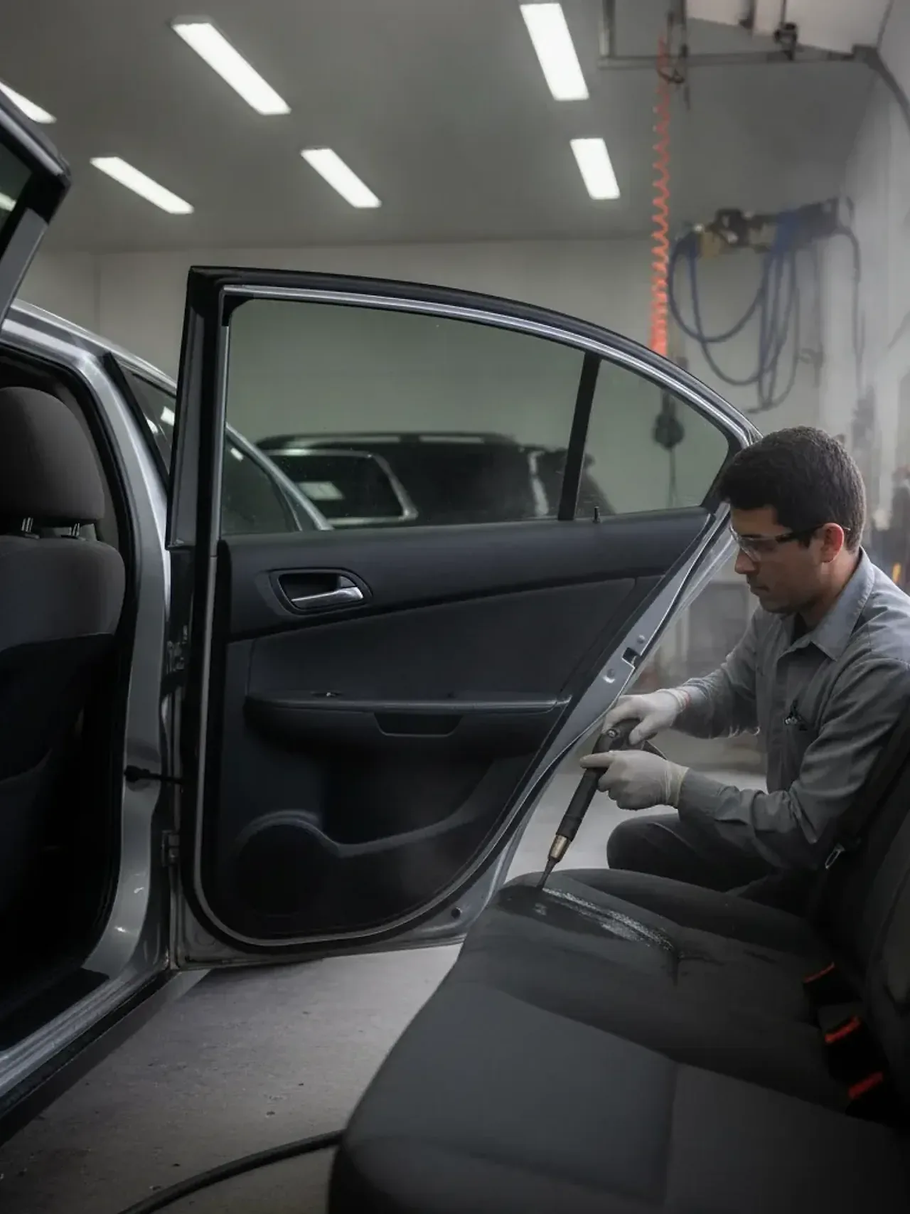 Technician steam cleaning car seat upholstery for odor removal in Irving detailing bay