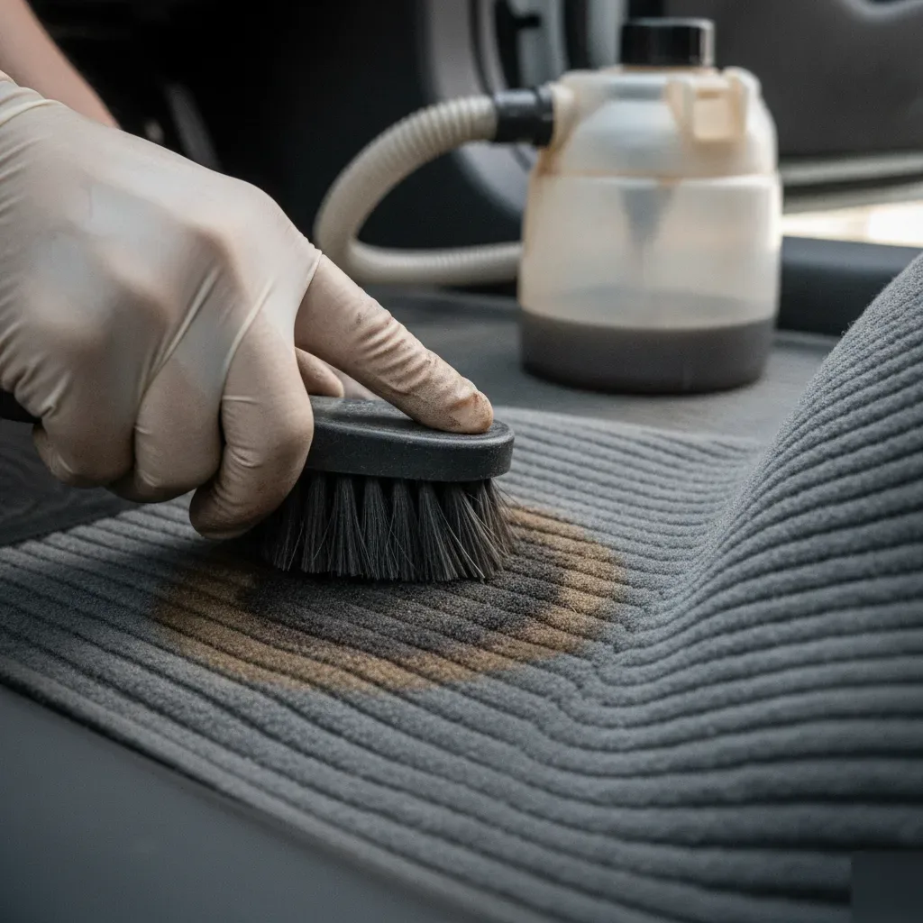 Close-up of brush scrubbing coffee stain on car carpet during odor removal in Irving