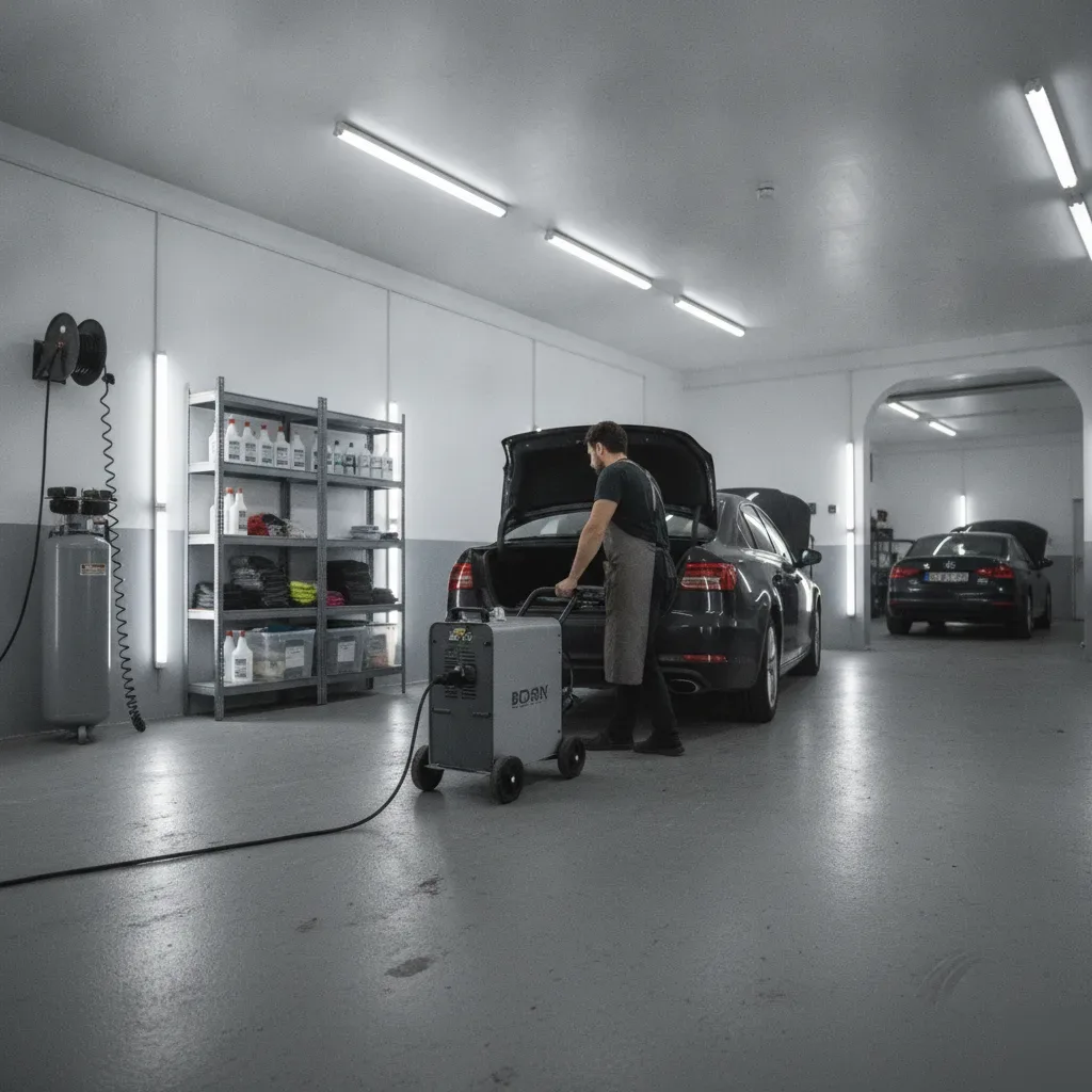 Technician wheeling ozone machine to treat car trunk odor removal in Irving detailing shop