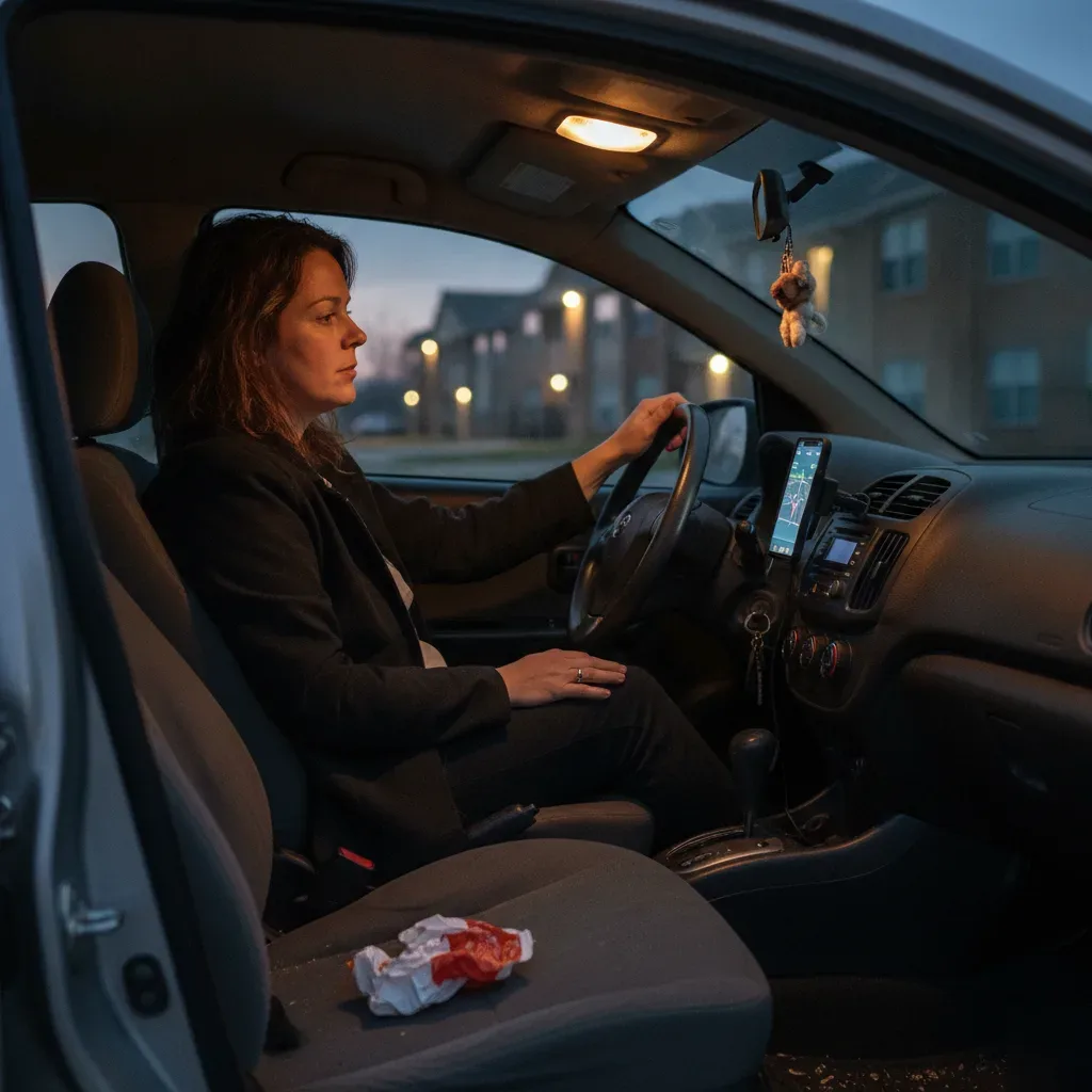 Rideshare driver in car interior facing odor issues from daily use in Irving