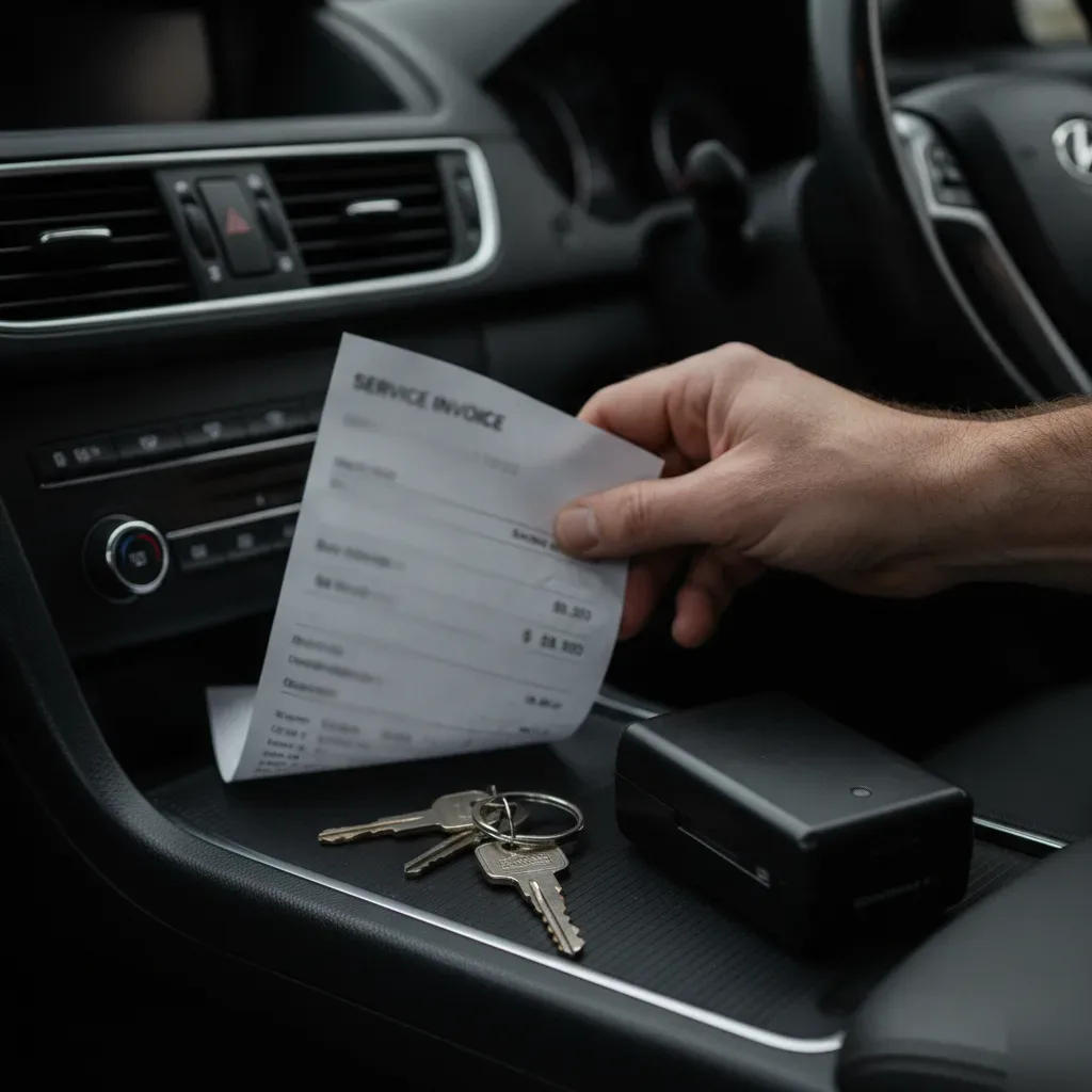 Hand reaching for car odor removal service invoice on dashboard console in Irving