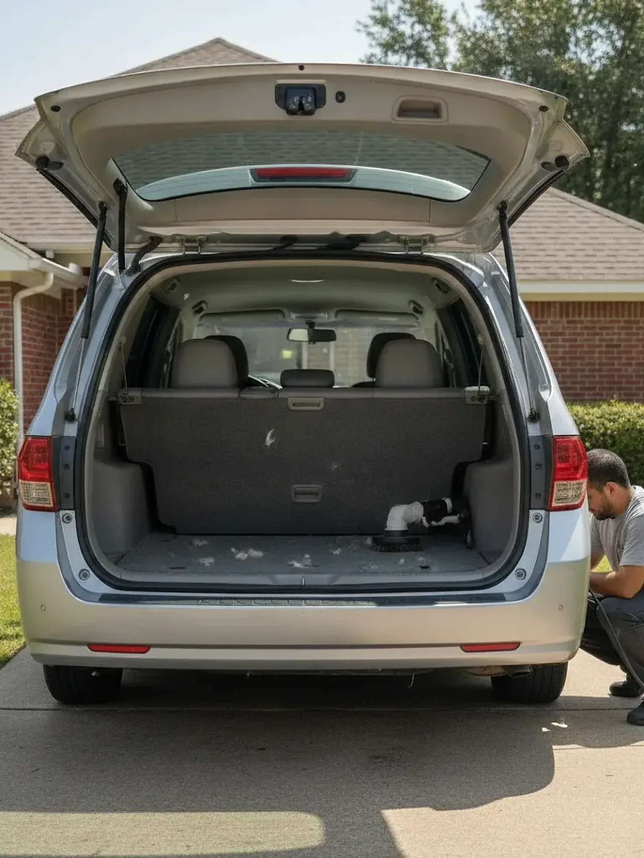 Mobile detailer extracting pet hair from minivan trunk carpet in Fort Worth driveway