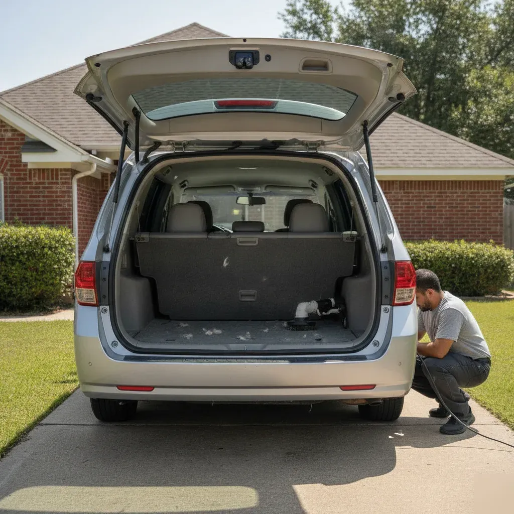 Mobile detailer extracting pet hair from minivan trunk carpet in Fort Worth driveway