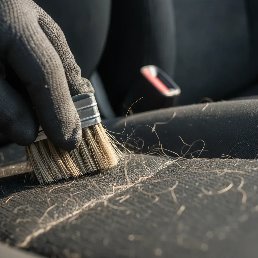 Close-up of dog hair embedded in car seat seam during Fort Worth detailing