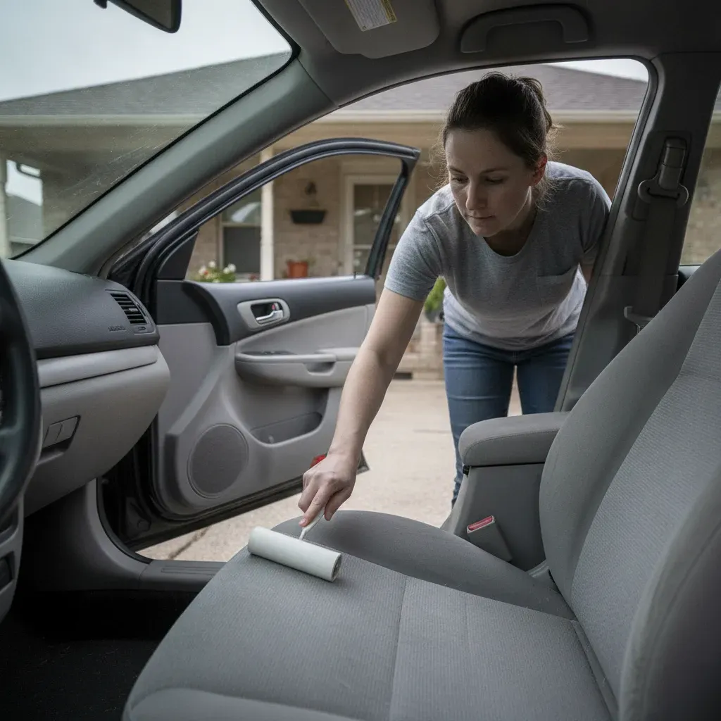 Woman using lint roller on light cat hair in car seat in Fort Worth