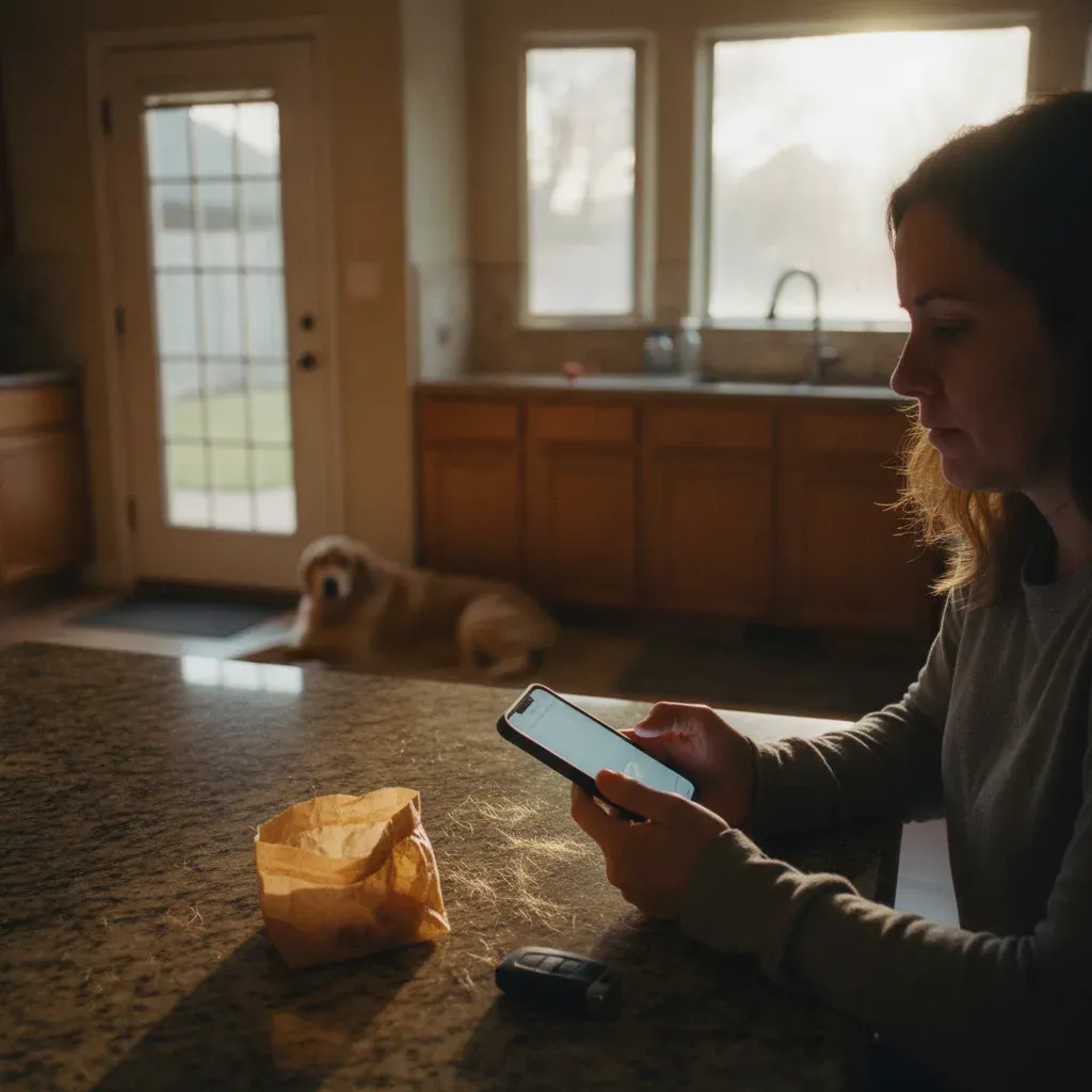 Homeowner checking pet hair removal appointment text with dog nearby in Fort Worth