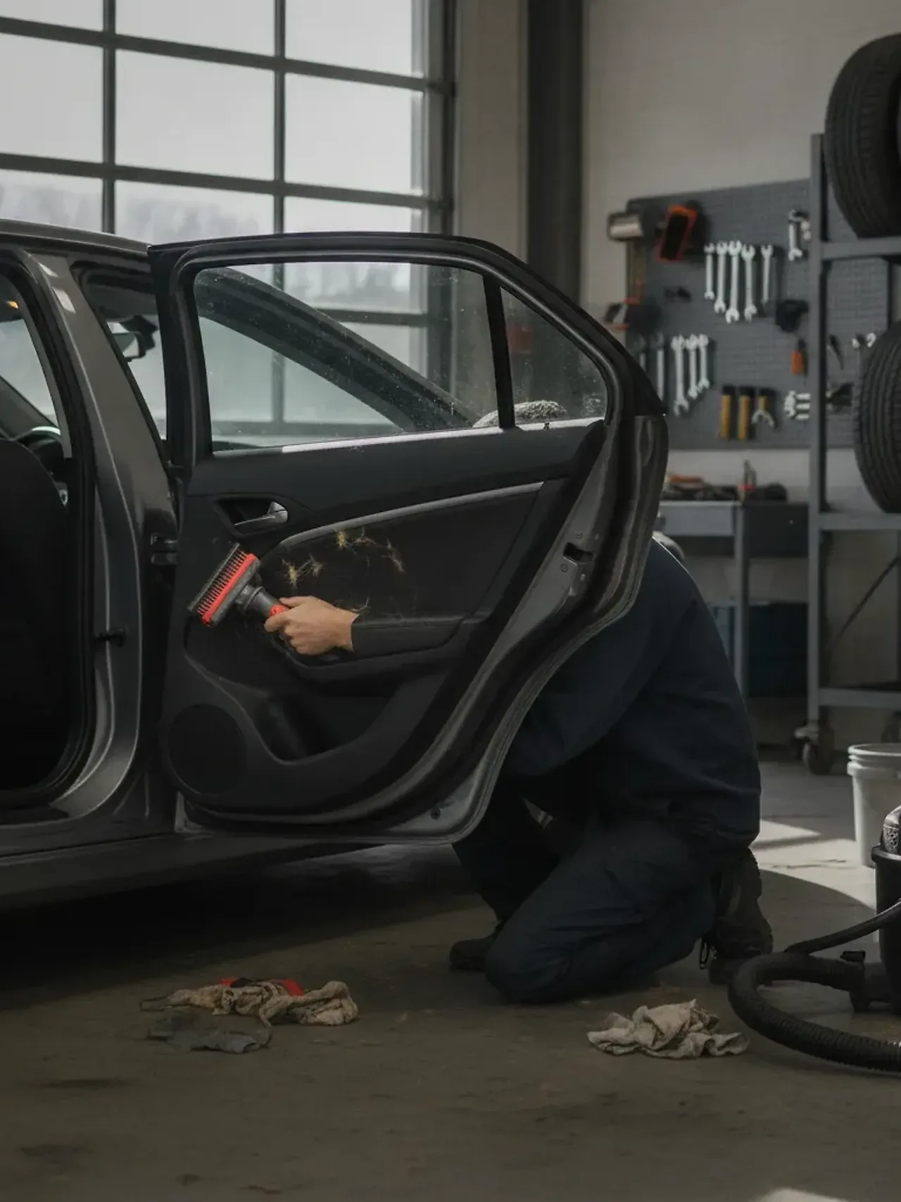 Technician removes embedded pet hair from car seat in Irving detailing shop