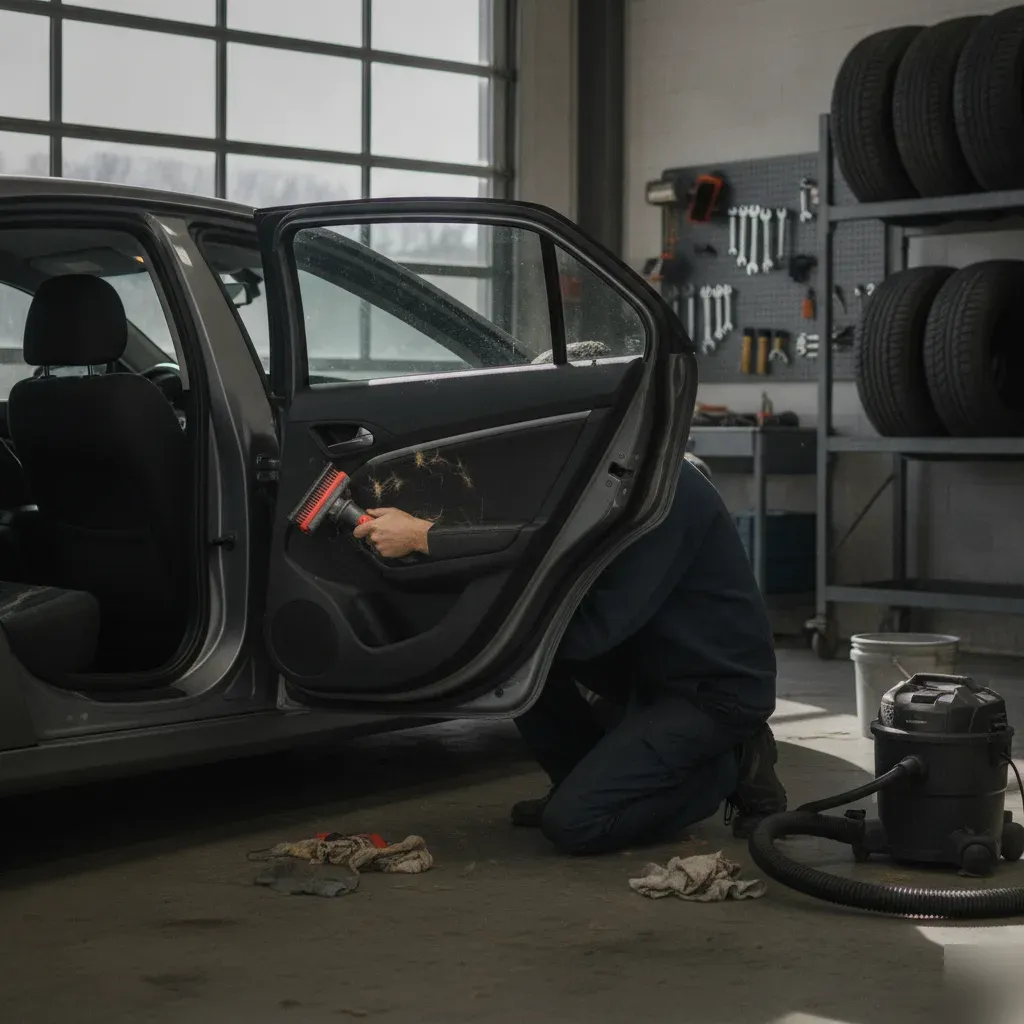 Technician removes embedded pet hair from car seat in Irving detailing shop