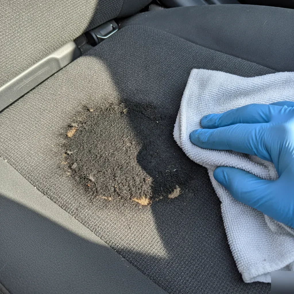 Close-up of stained gritty car seat fabric needing shampoo cleaning Fort Worth