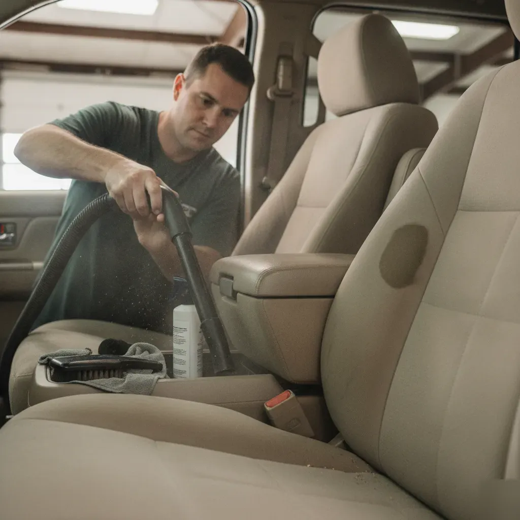 Detailer vacuuming truck seat crevice showing light soil versus stained fabric