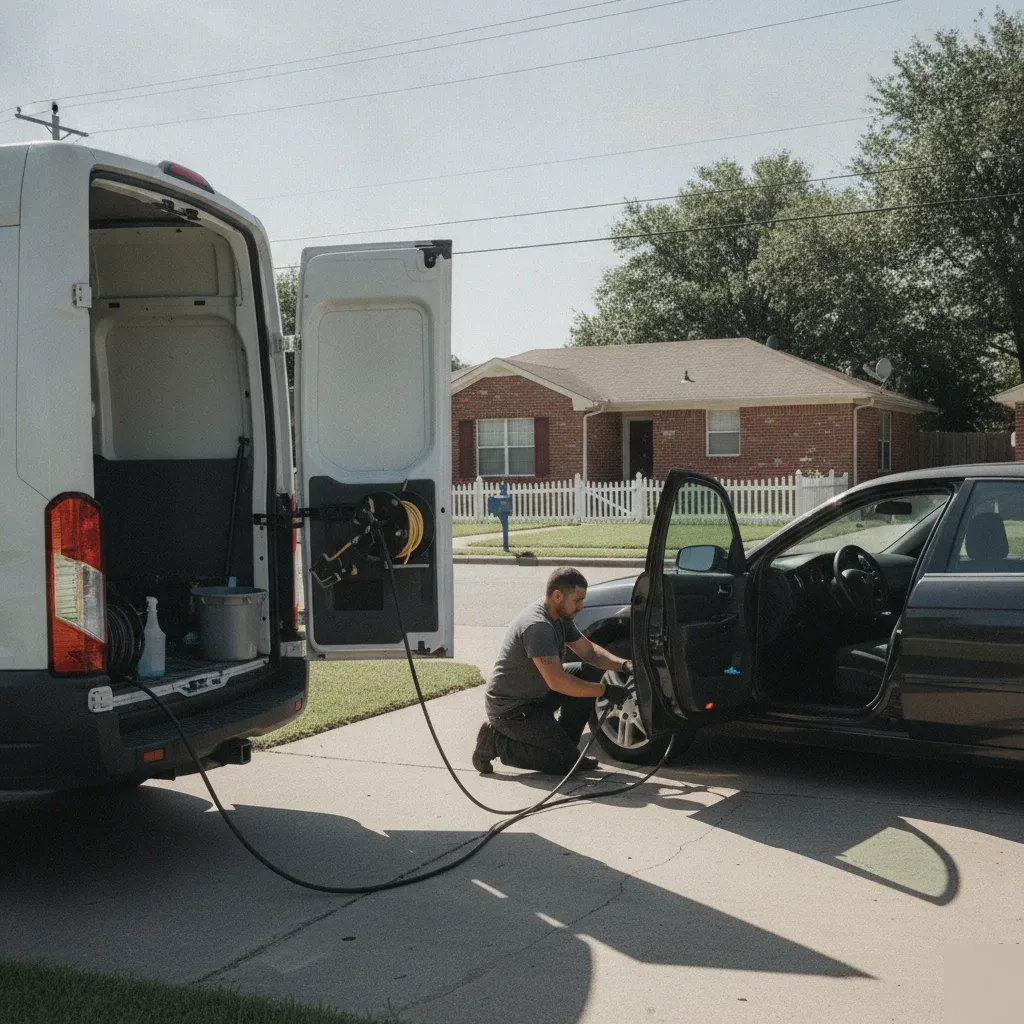 Mobile detailing van shampooing car seats at Fort Worth residential driveway